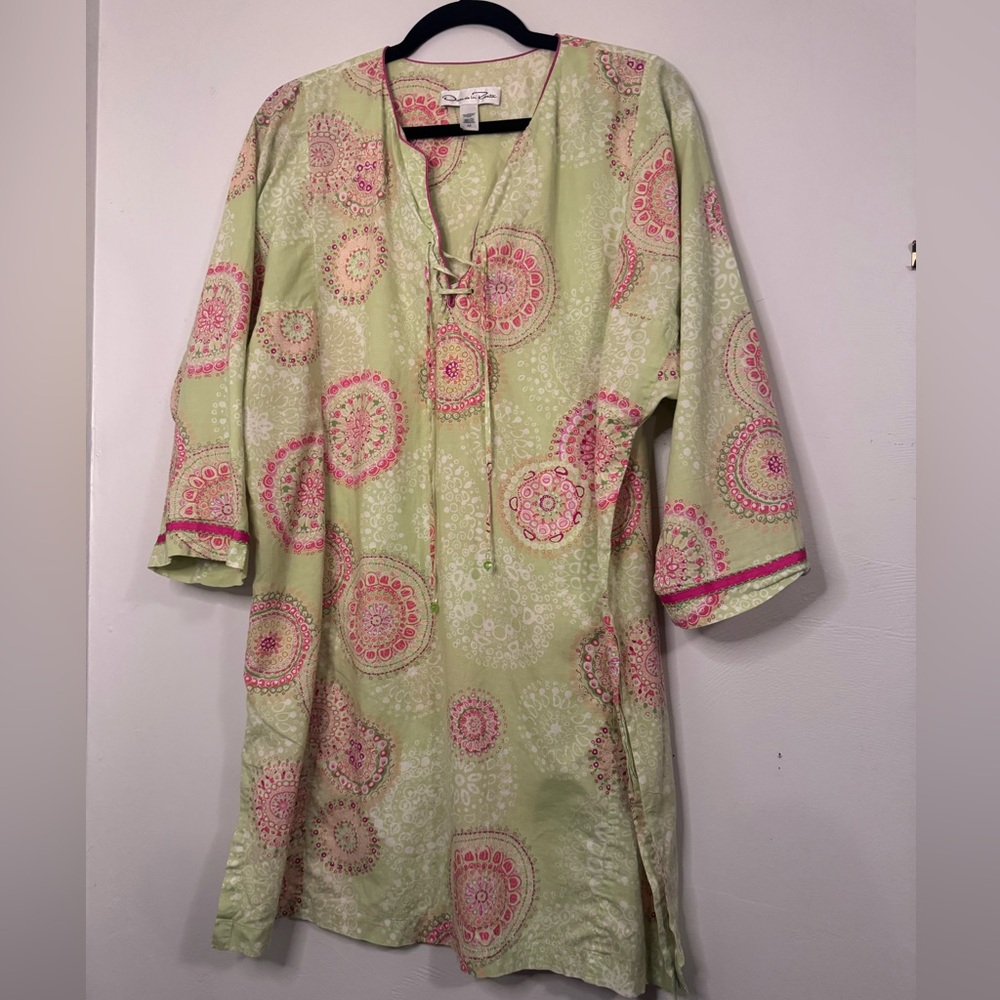 Oscar de la Renta Green & Pink Printed Cotton Tunic – Boho Resort Kaftan Top